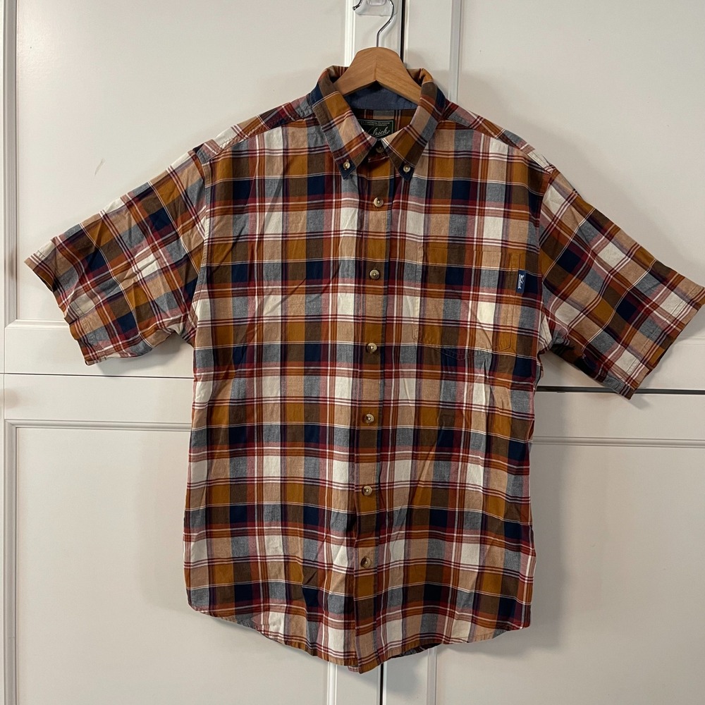 Woolrich Mens Lg Plaid Short Sleeve Button Down Shirt Orange Brown Cotton